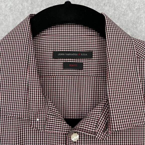 John Varvatos Mens Slim Fit Button Front Shirt Size 17.5 32/33 Black Red Plaid - Picture 5 of 13
